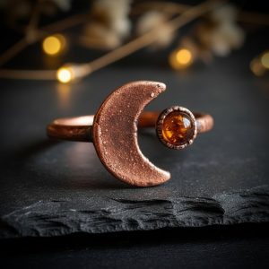 Product Image: Amber Crescent Moon Ring | Electroformed Copper | Made to Order
