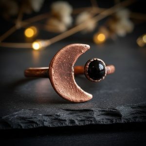 Product Image: Black Onyx Crescent Moon Ring | Electroformed Copper | Made to Order