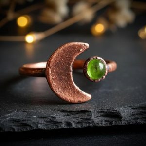 Product Image: Peridot Crescent Moon Ring | Electroformed Copper | Made to Order