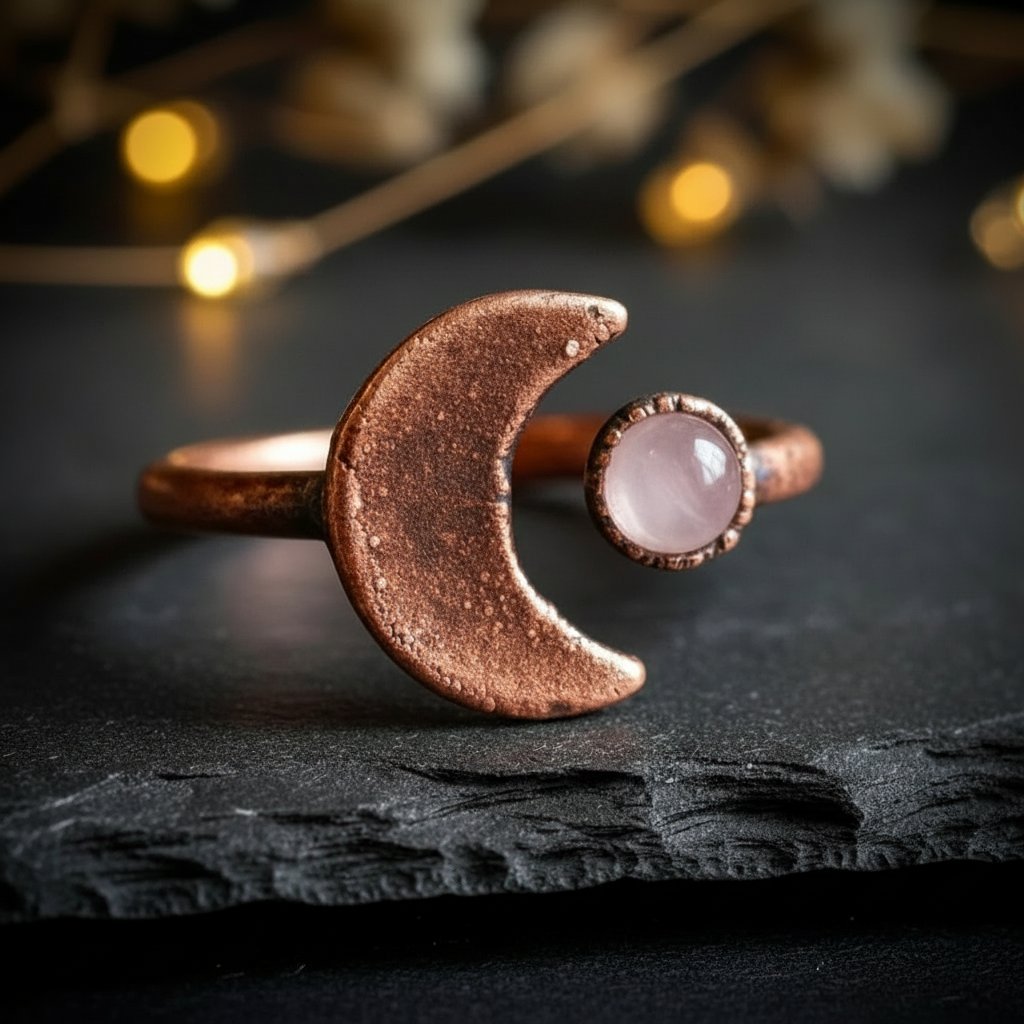 Santa Fe Marketplace Rose Quartz Crescent Moon Ring | Electroformed Copper | Made to Order Product Image: Rose Quartz Crescent Moon Ring | Electroformed Copper | Made to Order