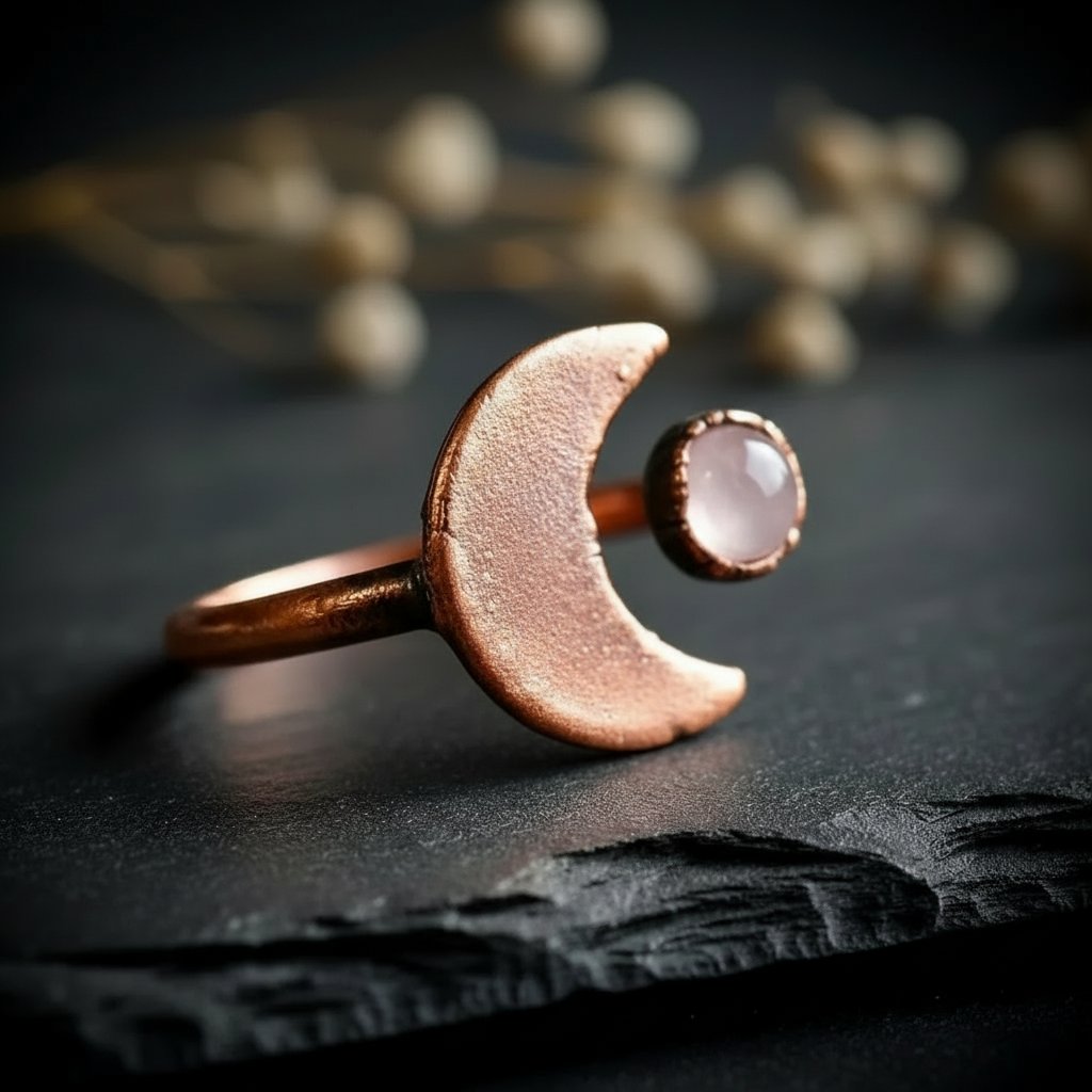 Santa Fe Marketplace Rose Quartz Crescent Moon Ring | Electroformed Copper | Made to Order Product Image: Rose Quartz Crescent Moon Ring | Electroformed Copper | Made to Order