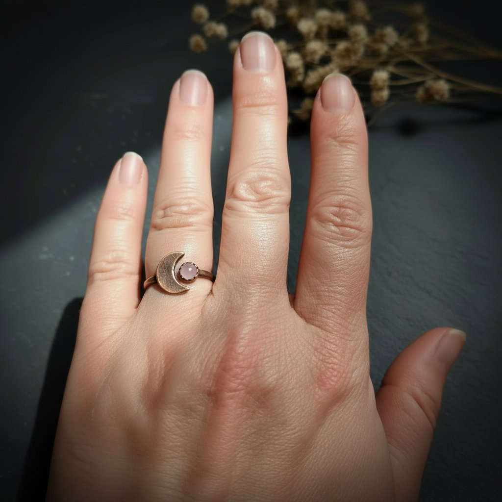 Santa Fe Marketplace Rose Quartz Crescent Moon Ring | Electroformed Copper | Made to Order Product Image: Rose Quartz Crescent Moon Ring | Electroformed Copper | Made to Order