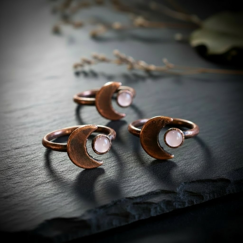 Santa Fe Marketplace Rose Quartz Crescent Moon Ring | Electroformed Copper | Made to Order Product Image: Rose Quartz Crescent Moon Ring | Electroformed Copper | Made to Order