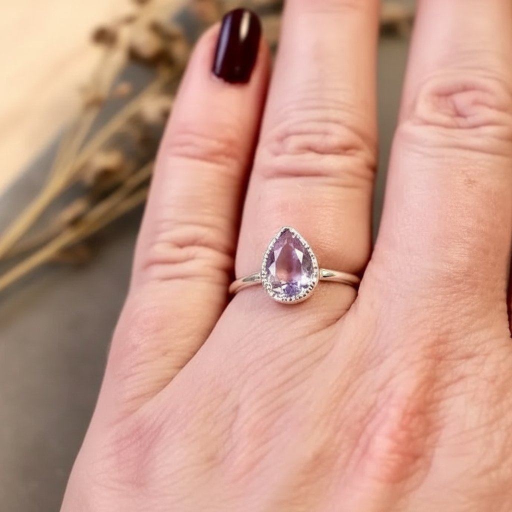 Santa Fe Marketplace Lavender Amethyst Ring | Faceted Pear | Silver Plated Electroformed | Made to Order Product Image: Lavender Amethyst Ring | Faceted Pear | Silver Plated Electroformed | Made to Order