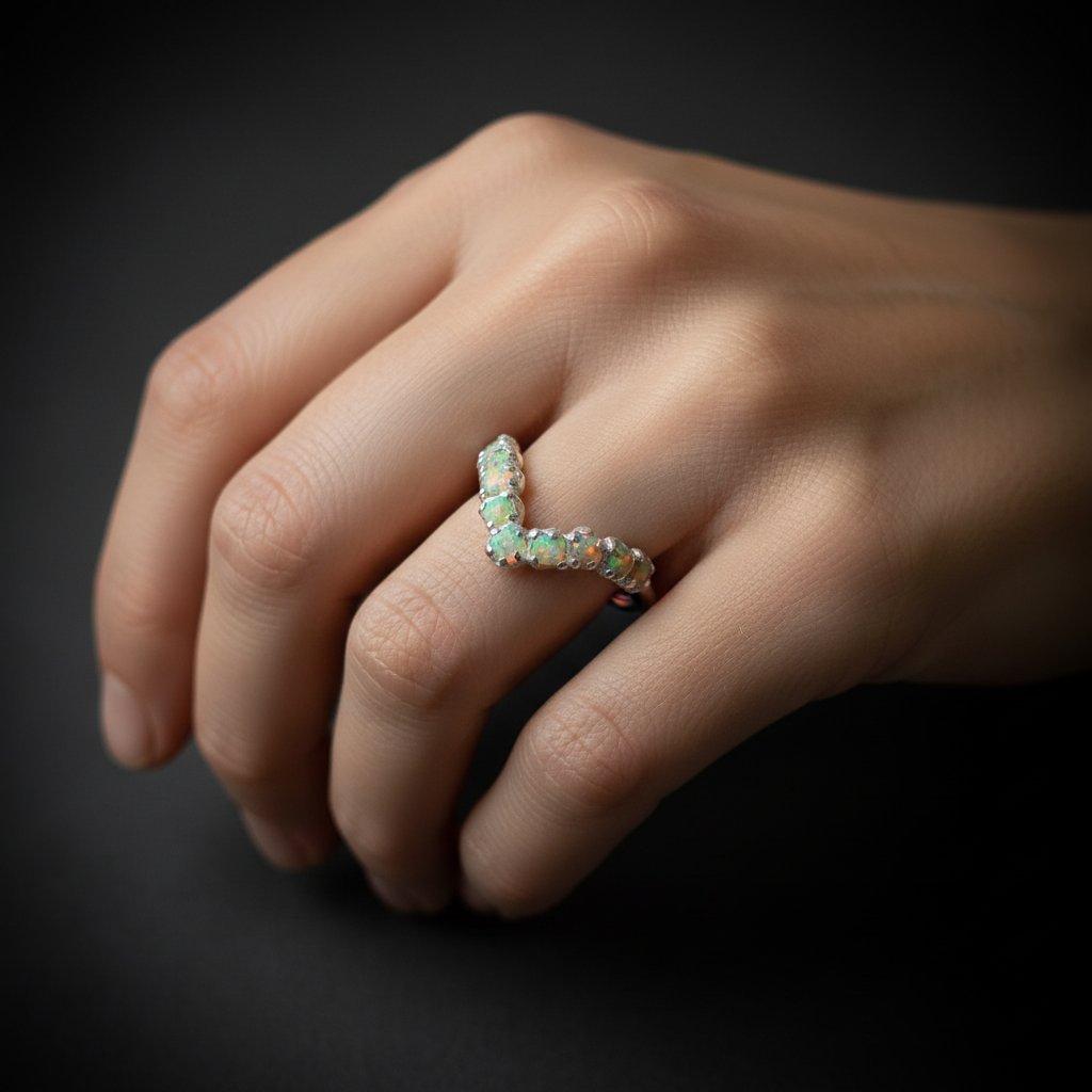 Santa Fe Marketplace Raw Ethiopian Opal Chevron Ring | October Birthstone | Silver Plated Electroformed | Made to Order Product Image: Raw Ethiopian Opal Chevron Ring | October Birthstone | Silver Plated Electroformed | Made to Order