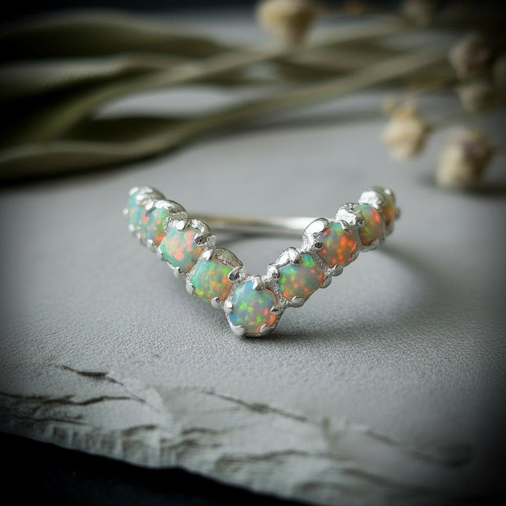 Santa Fe Marketplace Raw Ethiopian Opal Chevron Ring | October Birthstone | Silver Plated Electroformed | Made to Order Product Image: Raw Ethiopian Opal Chevron Ring | October Birthstone | Silver Plated Electroformed | Made to Order