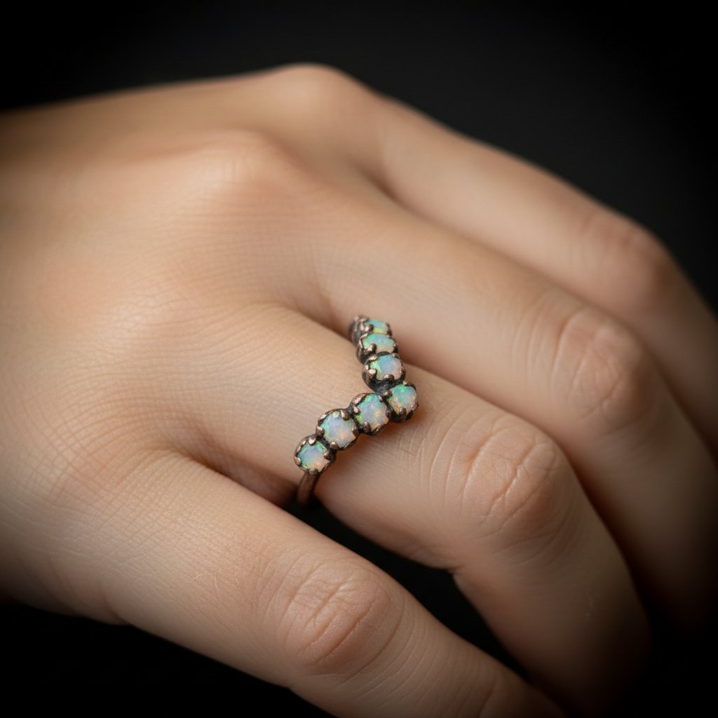 Santa Fe Marketplace Raw Ethiopian Opal Chevron Ring | October Birthstone | Antique Copper Electroformed | Made to Order Product Image: Raw Ethiopian Opal Chevron Ring | October Birthstone | Antique Copper Electroformed | Made to Order