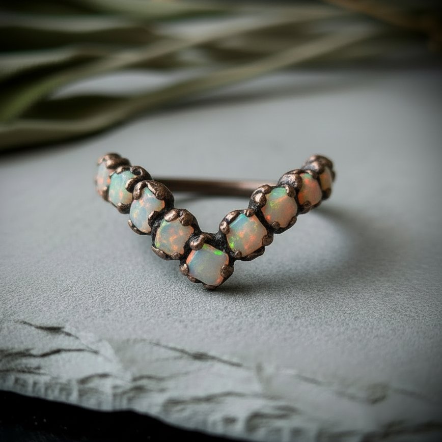 Santa Fe Marketplace Raw Ethiopian Opal Chevron Ring | October Birthstone | Antique Copper Electroformed | Made to Order Product Image: Raw Ethiopian Opal Chevron Ring | October Birthstone | Antique Copper Electroformed | Made to Order