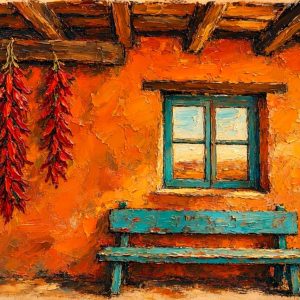 Santa Fe Marketplace Ristras and Turquoise on Canyon Road 12’X12″-CANVAS PRINT- Product Image: Ristras and Turquoise on Canyon Road 12’X12″-CANVAS PRINT-