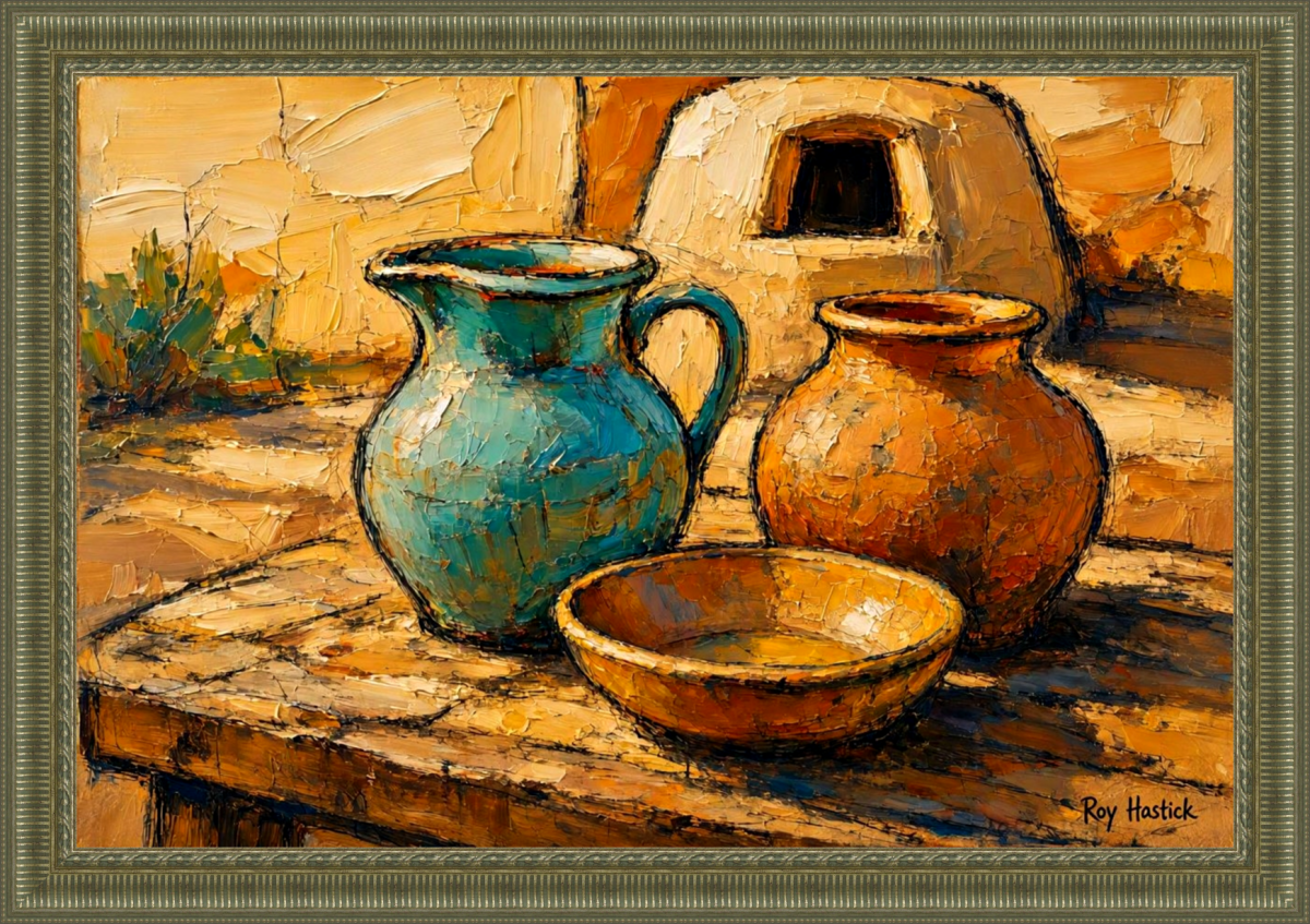 Santa Fe Marketplace Earthen Echoes of the Plaza – 12″X12″ -Digital Canvas Print Product Image: Earthen Echoes of the Plaza – 12″X12″ -Digital Canvas Print