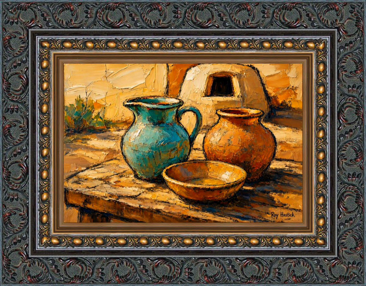 Santa Fe Marketplace Earthen Echoes of the Plaza – 12″X12″ -Digital Canvas Print Product Image: Earthen Echoes of the Plaza – 12″X12″ -Digital Canvas Print