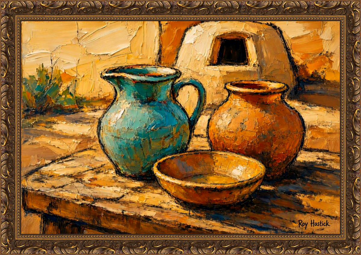Santa Fe Marketplace Earthen Echoes of the Plaza – 12″X12″ -Digital Canvas Print Product Image: Earthen Echoes of the Plaza – 12″X12″ -Digital Canvas Print