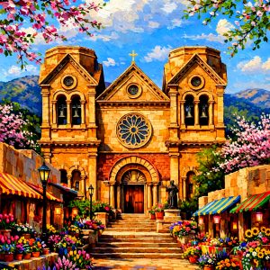 Santa Fe Marketplace Santa Fe Cathedral Blossoms | 18″ x 18″ Canvas Print Product Image: Santa Fe Cathedral Blossoms | 18″ x 18″ Canvas Print