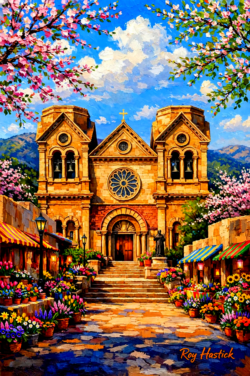 Santa Fe Marketplace Santa Fe Cathedral Blossoms | 18″ x 18″ Canvas Print Product Image: Santa Fe Cathedral Blossoms | 18″ x 18″ Canvas Print