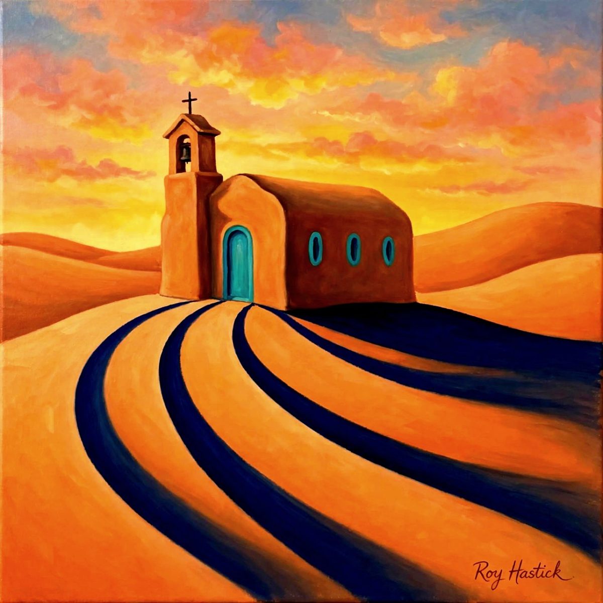 Santa Fe Marketplace Turquoise Chapel at Dusk – 12″X12″ -Canvas Print- Product Image: Turquoise Chapel at Dusk – 12″X12″ -Canvas Print-