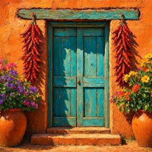 Santa Fe Marketplace Turquoise Door with Chile Ristras — Blooming Adobe Entry-12″X12″ Canvas Print- Product Image: Turquoise Door with Chile Ristras — Blooming Adobe Entry-12″X12″ Canvas Print-