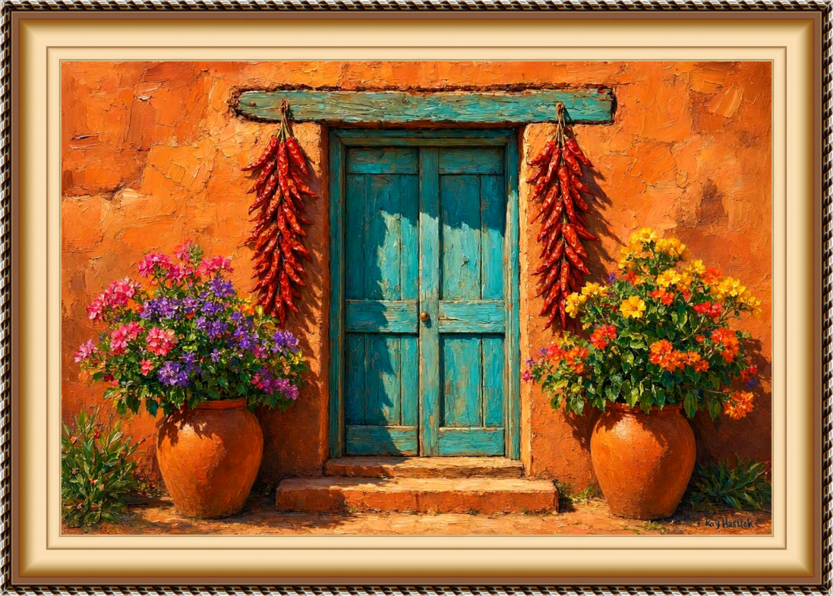 Santa Fe Marketplace Turquoise Door with Chile Ristras — Blooming Adobe Entry-12″X12″ Canvas Print- Product Image: Turquoise Door with Chile Ristras — Blooming Adobe Entry-12″X12″ Canvas Print-