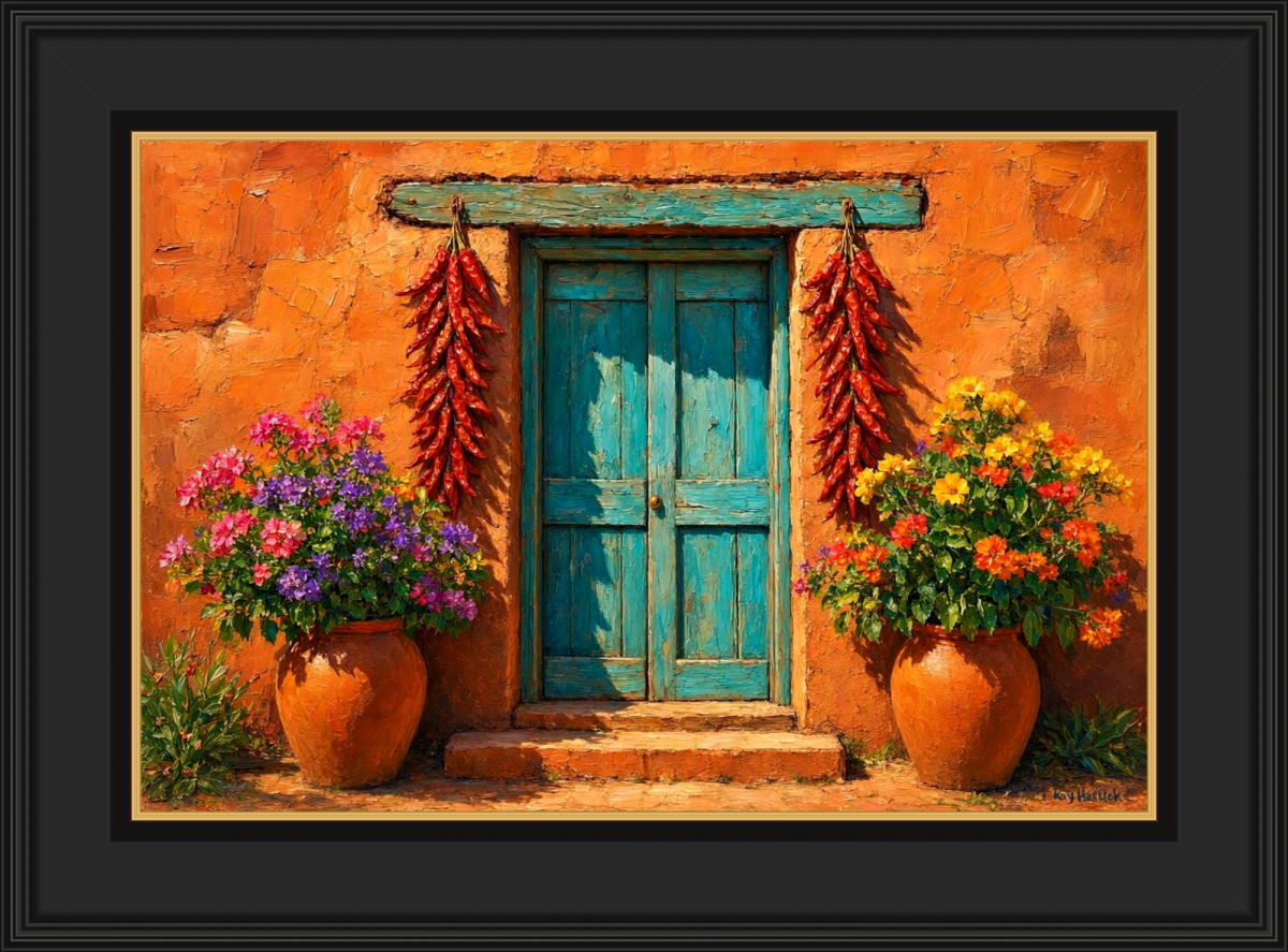 Santa Fe Marketplace Turquoise Door with Chile Ristras — Blooming Adobe Entry-12″X12″ Canvas Print- Product Image: Turquoise Door with Chile Ristras — Blooming Adobe Entry-12″X12″ Canvas Print-