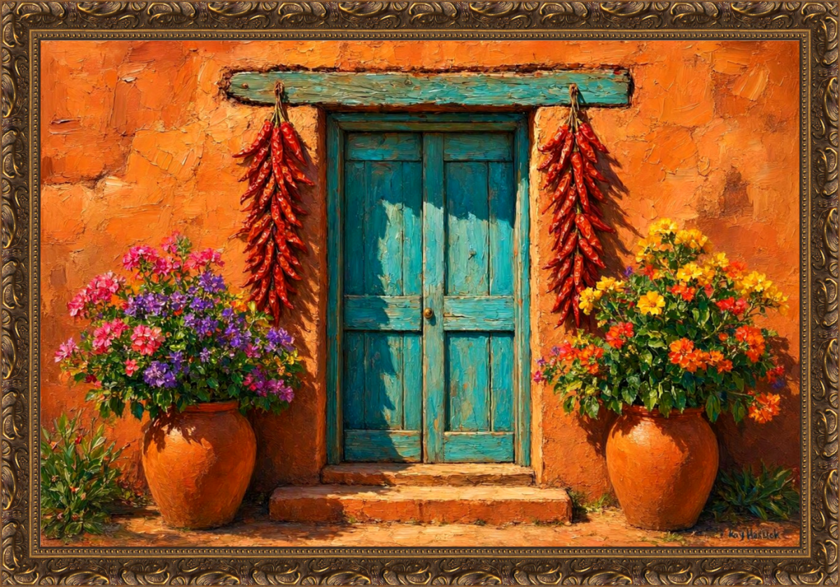 Santa Fe Marketplace Turquoise Door with Chile Ristras — Blooming Adobe Entry-12″X12″ Canvas Print- Product Image: Turquoise Door with Chile Ristras — Blooming Adobe Entry-12″X12″ Canvas Print-