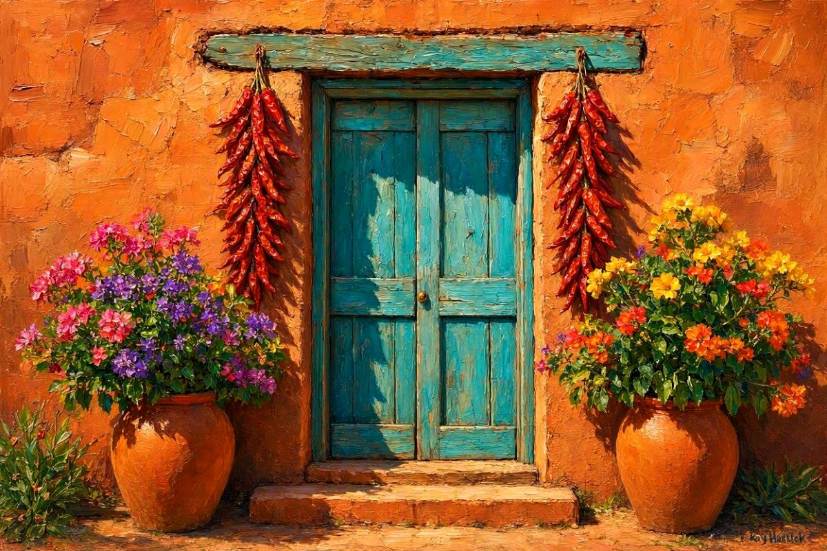 Santa Fe Marketplace Turquoise Door with Chile Ristras — Blooming Adobe Entry-12″X12″ Canvas Print- Product Image: Turquoise Door with Chile Ristras — Blooming Adobe Entry-12″X12″ Canvas Print-