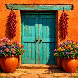 Santa Fe Marketplace Turquoise Adobe Doorway — Collector Edition -12″X12″ Canvas Print – Product Image: Turquoise Adobe Doorway — Collector Edition -12″X12″ Canvas Print –