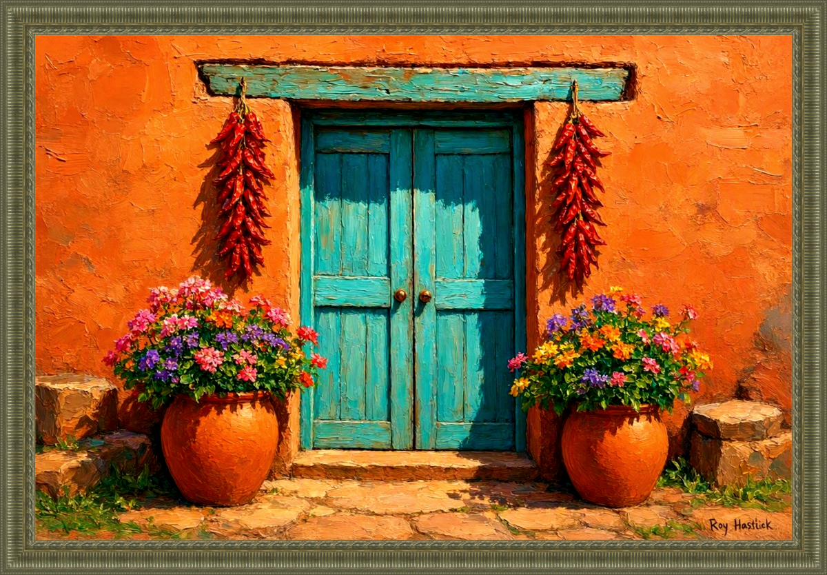 Santa Fe Marketplace Turquoise Adobe Doorway — Collector Edition -12″X12″ Canvas Print – Product Image: Turquoise Adobe Doorway — Collector Edition -12″X12″ Canvas Print –