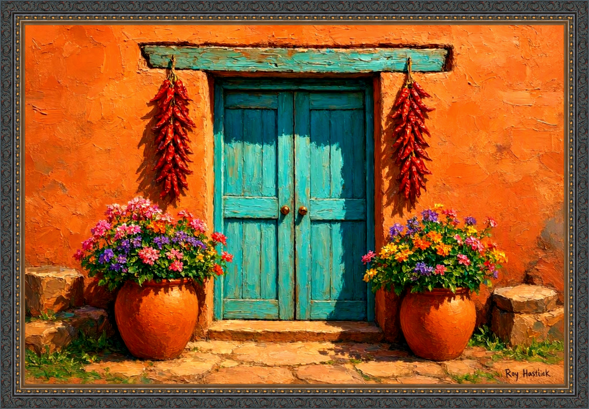 Santa Fe Marketplace Turquoise Adobe Doorway — Collector Edition -12″X12″ Canvas Print – Product Image: Turquoise Adobe Doorway — Collector Edition -12″X12″ Canvas Print –