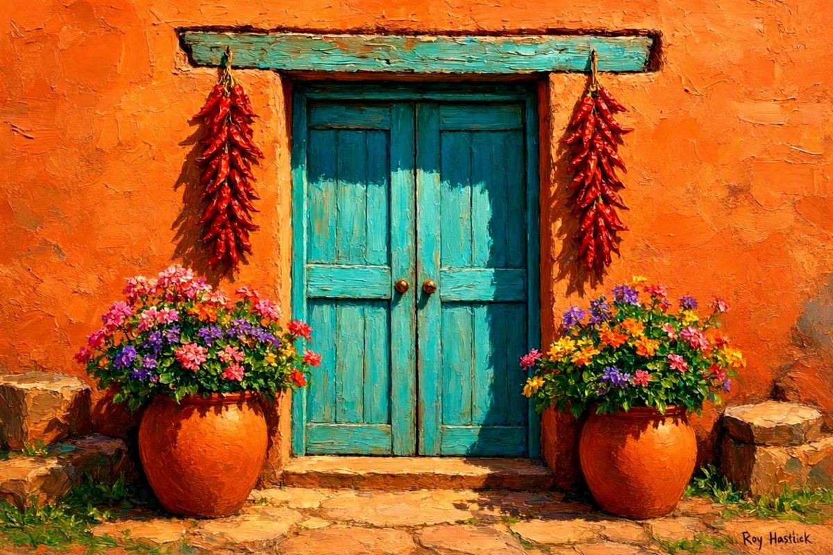Santa Fe Marketplace Turquoise Adobe Doorway — Collector Edition -12″X12″ Canvas Print – Product Image: Turquoise Adobe Doorway — Collector Edition -12″X12″ Canvas Print –