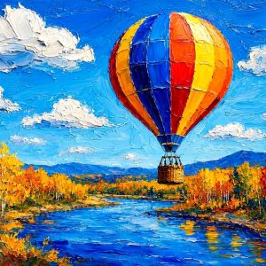 Santa Fe Marketplace Balloon Over Autumn River 12″X12″ – Canvas Print – Product Image: Balloon Over Autumn River 12″X12″ – Canvas Print –