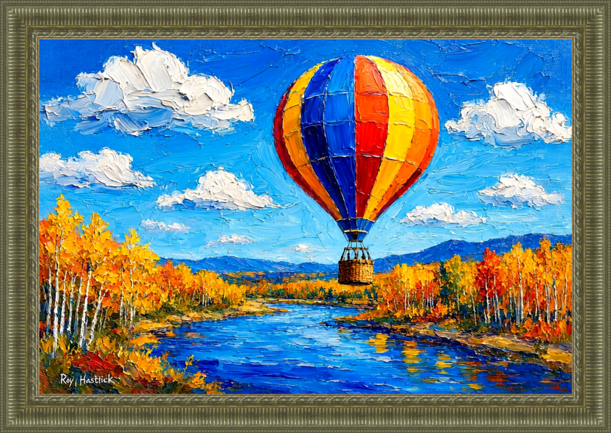 Product Image: Balloon Over Autumn River 12″X12″ – Canvas Print –