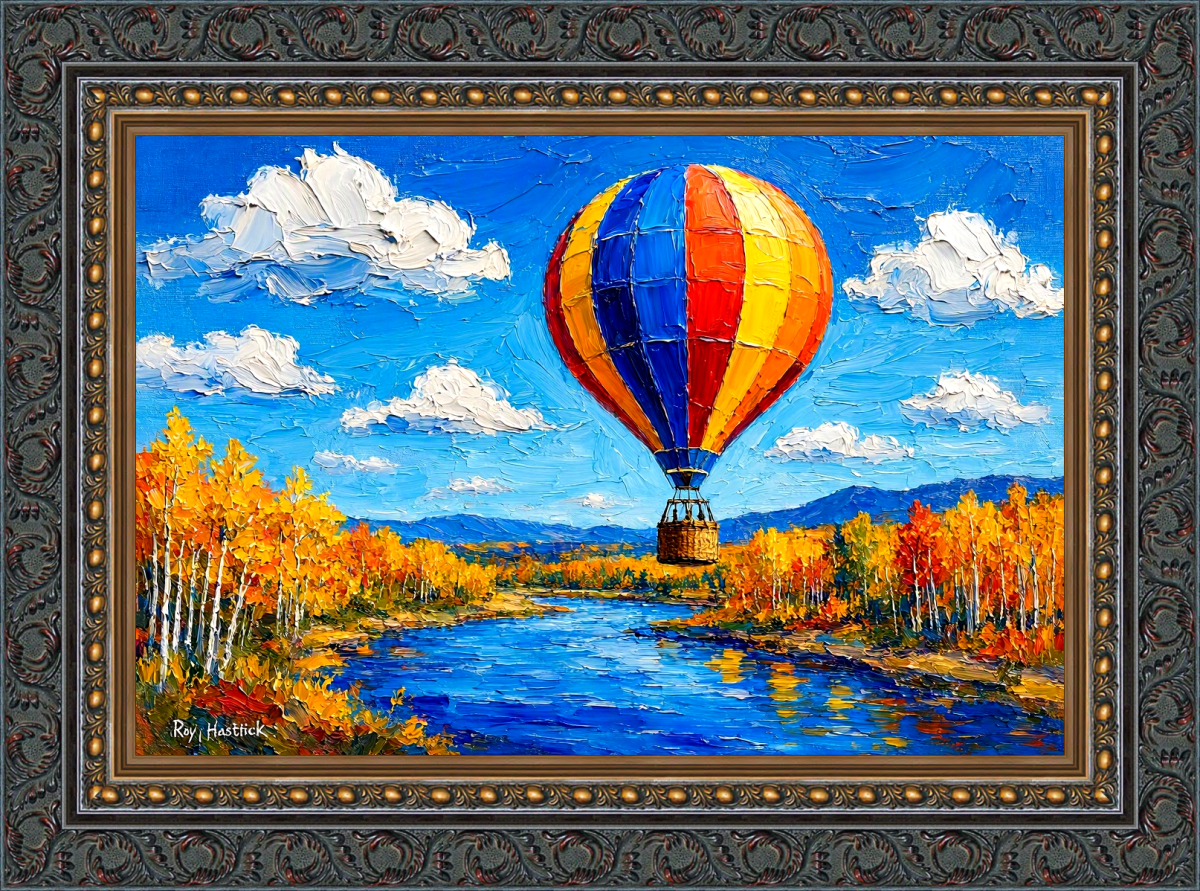 Product Image: Balloon Over Autumn River 12″X12″ – Canvas Print –