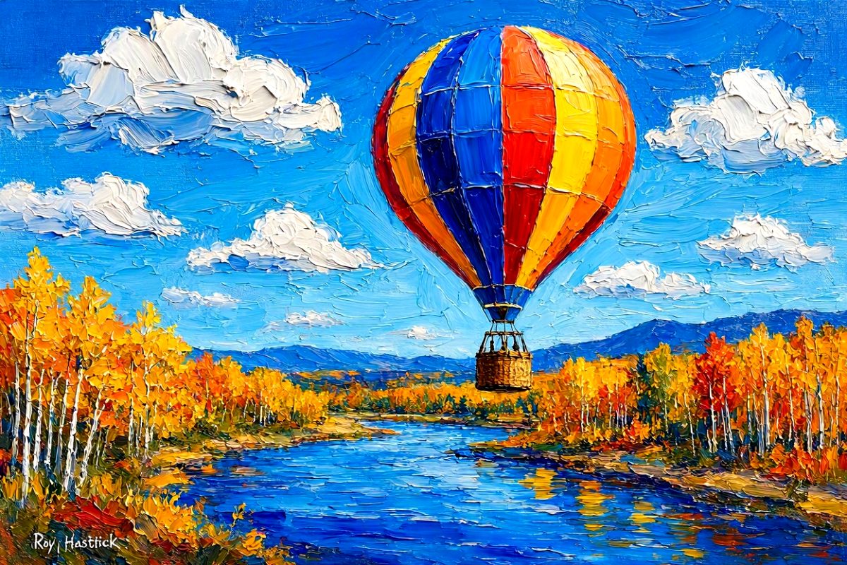 Product Image: Balloon Over Autumn River 12″X12″ – Canvas Print –