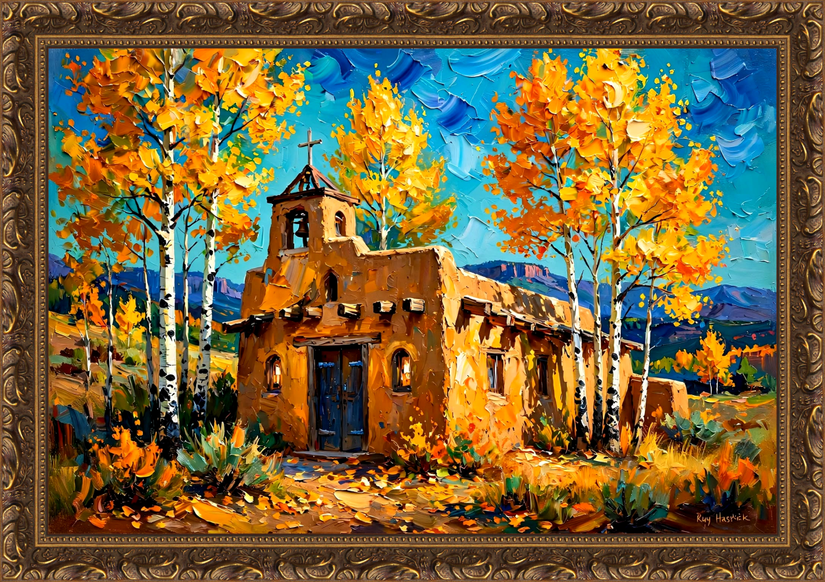 Santa Fe Marketplace Autumn Glow over Adobe – 12X12″ CANVAS PRINT – Product Image: Autumn Glow over Adobe – 12X12″ CANVAS PRINT –