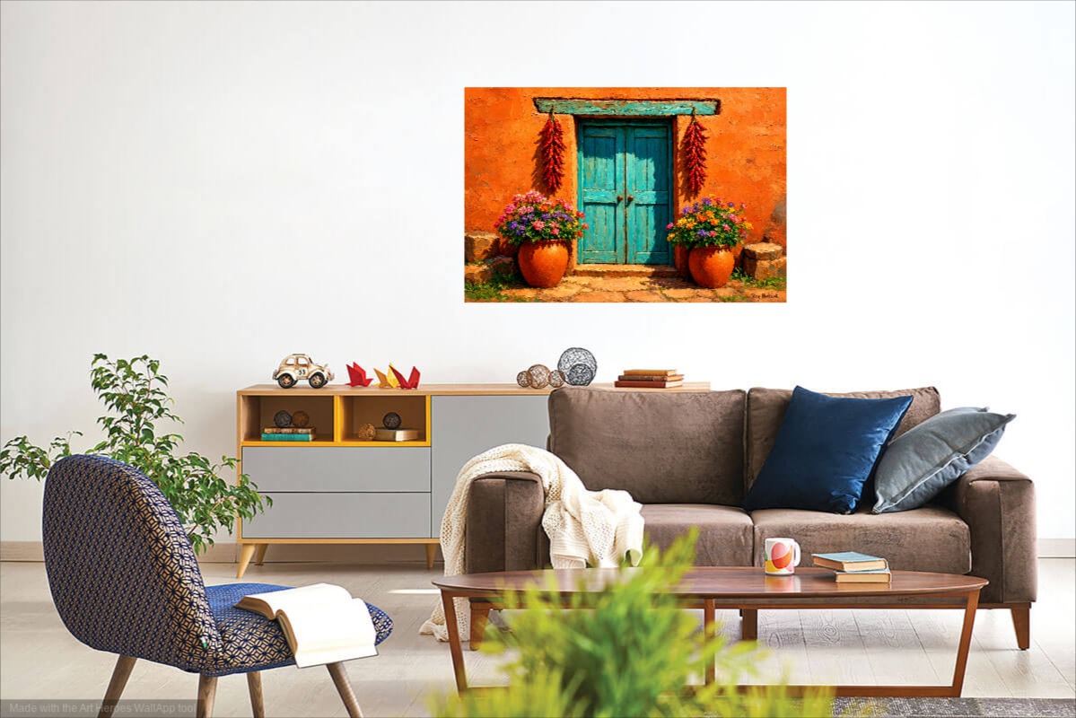 Santa Fe Marketplace Turquoise Adobe Doorway — Collector Edition -12″X12″ Canvas Print – Product Image: Turquoise Adobe Doorway — Collector Edition -12″X12″ Canvas Print –